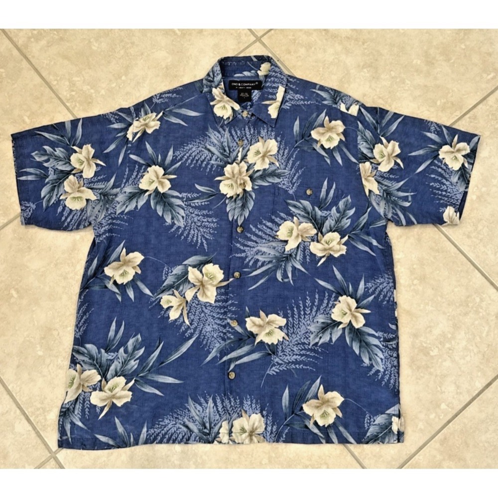 Vintage Ono & Company by Liberty House Sz L Hawaiian Camp Shirt Silk Blue Floral